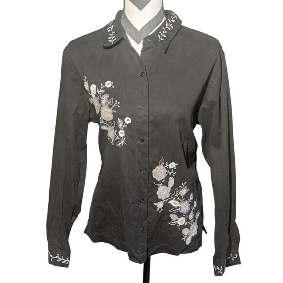 Bechamel Black Floral Embroidery Button Down Shirt Blouse Medium - Picture 1 of 6